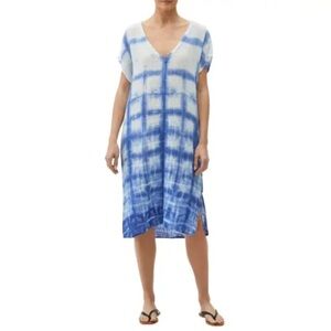 Michael Stars Louie Printed V-Neck Gauze Dress Blue Tie-Dye Swim Cover-Up